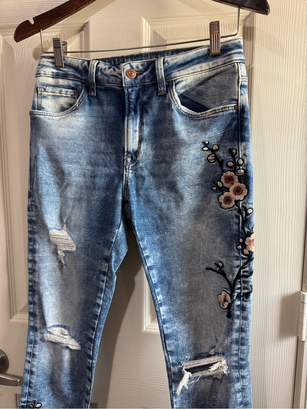 Women's Blue Embroidered Floral Skinny Jeans